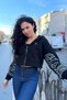 Hooded 3 Thread Fleece Crop Zippered Black Women's Cotton Sweatshirt - 4