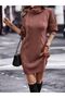 Hair Braid & Selanik Knit Patterned Links Detail Turtleneck Long Sleeve Back Detailed Cinnamon Knitwear Dress Tunic - 4