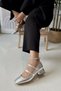 Women's Mary Jane Silver Gray Silver Back Closed Three-Striped Square Toe Helmet Short Block Heeled Shoes - 4