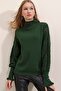 Women's Green Half Turtle Sleeve Lace Detailed Sweater - 3