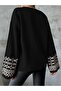 Crew Neck Casual Sleeve Oversize Jacquard Patterned Detailed Black Knitwear Sweater - 2