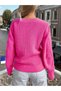 Selanik Knitted Sleeve Motif Crew Neck Knitwear Sweater Fuchsia - 3
