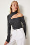 Women's Anthracite Cut Out Detailed Knitted Snap Bodysuit Fn03309 - 3
