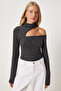 Women's Anthracite Cut Out Detailed Knitted Snap Bodysuit Fn03309 - 2