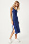 Women's Navy Blue Contrast Stripe Detail Strap Saran Knitted Dress Hw00013 - 3
