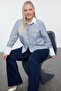 Gray White Striped Crop Long Sleeve Gold Button Pocket Plus Size Shirt Tbbaw25Ax00009