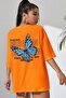 Women's Orange Back Butterfly Printed Oversize Tshirt - 2