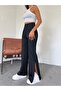 Women's Black Elastic High Waist Soft Fabric Wide Leg Loose Comfortable Cut Slit Trousers - 6