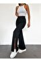 Women's Black Elastic High Waist Soft Fabric Wide Leg Loose Comfortable Cut Slit Trousers - 3