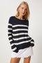 Women's Navy Blue Striped Comfortable Knitwear Blouse Fn03306 - 2