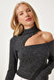 Women's Anthracite Cut Out Detailed Knitted Snap Bodysuit Fn03309 - 4
