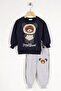 Crew Neck Long Sleeve Teddy Bear Printed Long Sleeve Navy Blue Color Boy's Two-Piece Set