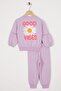 Crew Neck Long Sleeve Cıcek Pattern Lilac Color Girl's Tracksuit Set - 3