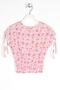 Crew Neck Short Sleeve Waist Smocked Shoulders Lace-up Flower Printed Pink Color Girl's Blouse - 3