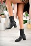 Women's Black Faux Leather Stretch Ankle Square Toe Mid Heel Zipper Boots - 2