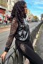 Leopard Crystal Stone Faux Leather Three Thread Zipper Black Women's Tracksuit Set - 4