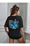 Women's Black Back Butterfly Printed Oversize Tshirt