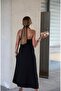 Black Combed Cotton Dress - Button Detail and Halter Neck - 8