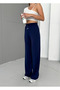 Women's navy blue modal fabric wide leg high waist palazzo sweatpants with drawstring - 3