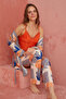 Orange Floral Patterned Exclusive Knitted Pajama Set with Dressing Gown