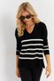 BLack V-neck Striped Knitwear Women's Sweater - Yi̇L550 - 4
