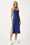 Women's Navy Blue Contrast Stripe Detail Strap Saran Knitted Dress Hw00013