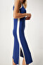 Women's Navy Blue Contrast Stripe Detail Strap Saran Knitted Dress Hw00013 - 6