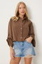 Women's Brown Pinstripe Crop Linen Shirt Dm00140