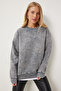 Women's Anthracite Washed Heart Embroidered Knitted Sweatshirt Nj00158
