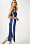 Women's Navy Blue Contrast Stripe Detail Strap Saran Knitted Dress Hw00013 - 5