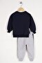 Crew Neck Long Sleeve Teddy Bear Printed Long Sleeve Navy Blue Color Boy's Two-Piece Set - 3