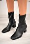 Women's Black Faux Leather Stretch Ankle Square Toe Mid Heel Zipper Boots - 8