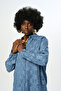 WOMEN'S INDIGO BLUE MIXED PATTERNED OVERSIZED CUT SHIRT - 2