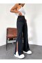 Women's Black Elastic High Waist Soft Fabric Wide Leg Loose Comfortable Cut Slit Trousers - 5
