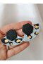 Polymer Clay Apparatus Earrings with Black Stone Effect and Leopard Pattern - Gold Detail