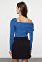Indigo Asimetrik Yaka Drapeli Fitted/Vücuda Oturan Bürümcük Çıtçıtlı Örme Body TWOAW23BD00043 - 5