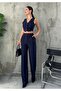 Women's Navy Blue Crepe Fabric Vest High Waist Pants Suit - 5