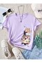 Women's Lilac Cats Printed Oversize T-Shirt