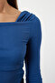 Indigo Asimetrik Yaka Drapeli Fitted/Vücuda Oturan Bürümcük Çıtçıtlı Örme Body TWOAW23BD00043 - 4