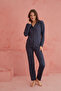 Navy Blue Polka Dot Print Bamboo Front Button Long Sleeve Pajamas Set - 2