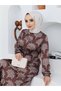 Leaf-Patterned Satin Dress - Brown - 2