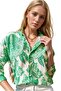 Women's Green Floral Patterned Long Sleeve Linen Collared Buttoned Shirt