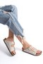 Beige Women's Slippers - Straw, Gold Buckle, Double Band, Adjustable Buckle Casual Design - 3