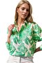 Women's Green Floral Patterned Long Sleeve Linen Collared Buttoned Shirt - 3