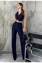 Women's Navy Blue Crepe Fabric Vest High Waist Pants Suit - 4