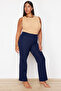 Lacivert Straight/Düz Kesim Yüksek Bel Nervür Dikişli Dokuma Pantolon TBBSS22PL0301 - 5