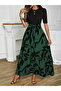 Black Patterned Full Length Belted Women's Dress - 3