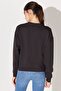 Relaxed Fit Wide Cut Crew Neck 100% Cotton Black Women's Fleece Sweatshirt - 7