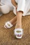 White Furry Stone Women's Slippers Stylish Daily House Slippers Fancy Dowry Birth Guest Bridal Slippers - 5