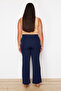 Lacivert Straight/Düz Kesim Yüksek Bel Nervür Dikişli Dokuma Pantolon TBBSS22PL0301 - 4